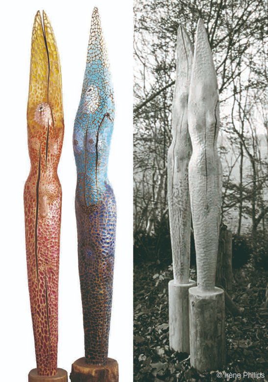Irène Philips, TREE MAN AND TREE WOMAN, carved and polychromed wood, 206 cm and 208 cm, 2007-2010