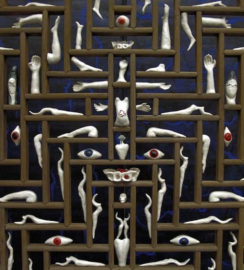 Irène Philips - Detail of the work: "Ex-Voto, Through suffering I have become a legend." Assembly of a hundred porcelain Ex-Votos presented in a wooden window of Chinese origin from the 19th century, 220 cm x 120 cm x 100 cm, 2019-2020