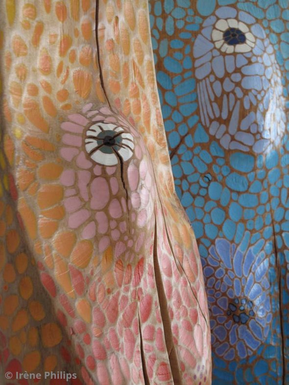 Irène Philips - Detail from the sculpture: TREE MAN AND TREE WOMAN, carved and polychromed wood, 206 cm and 208 cm, 2007-2010